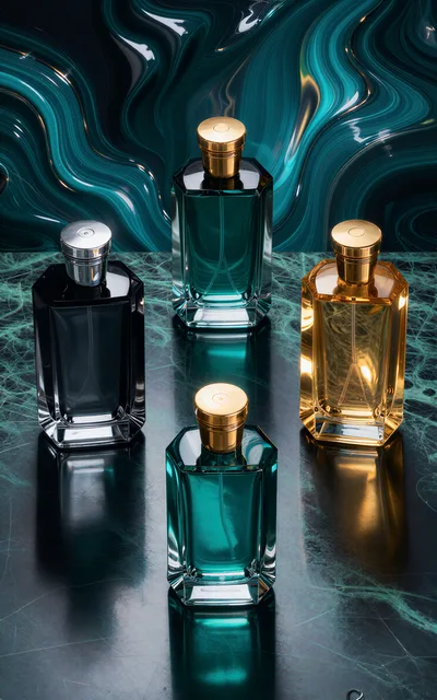 Four Luxury Perfume Bottles On Marble Surface