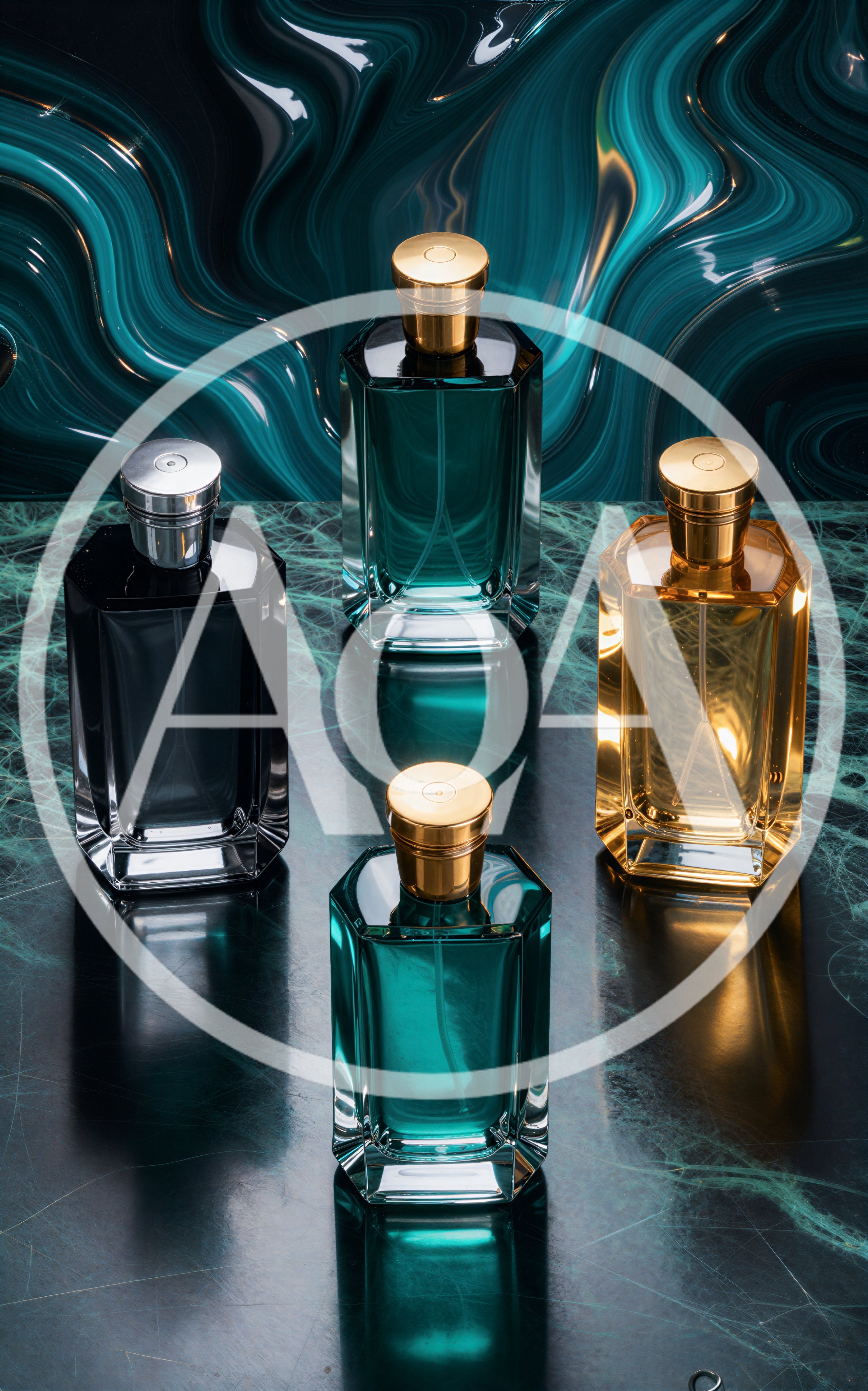 Four Luxury Perfume Bottles On Marble Surface