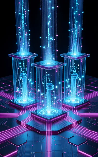 Futuristic Data Processing Towers With Glowing Digital Streams