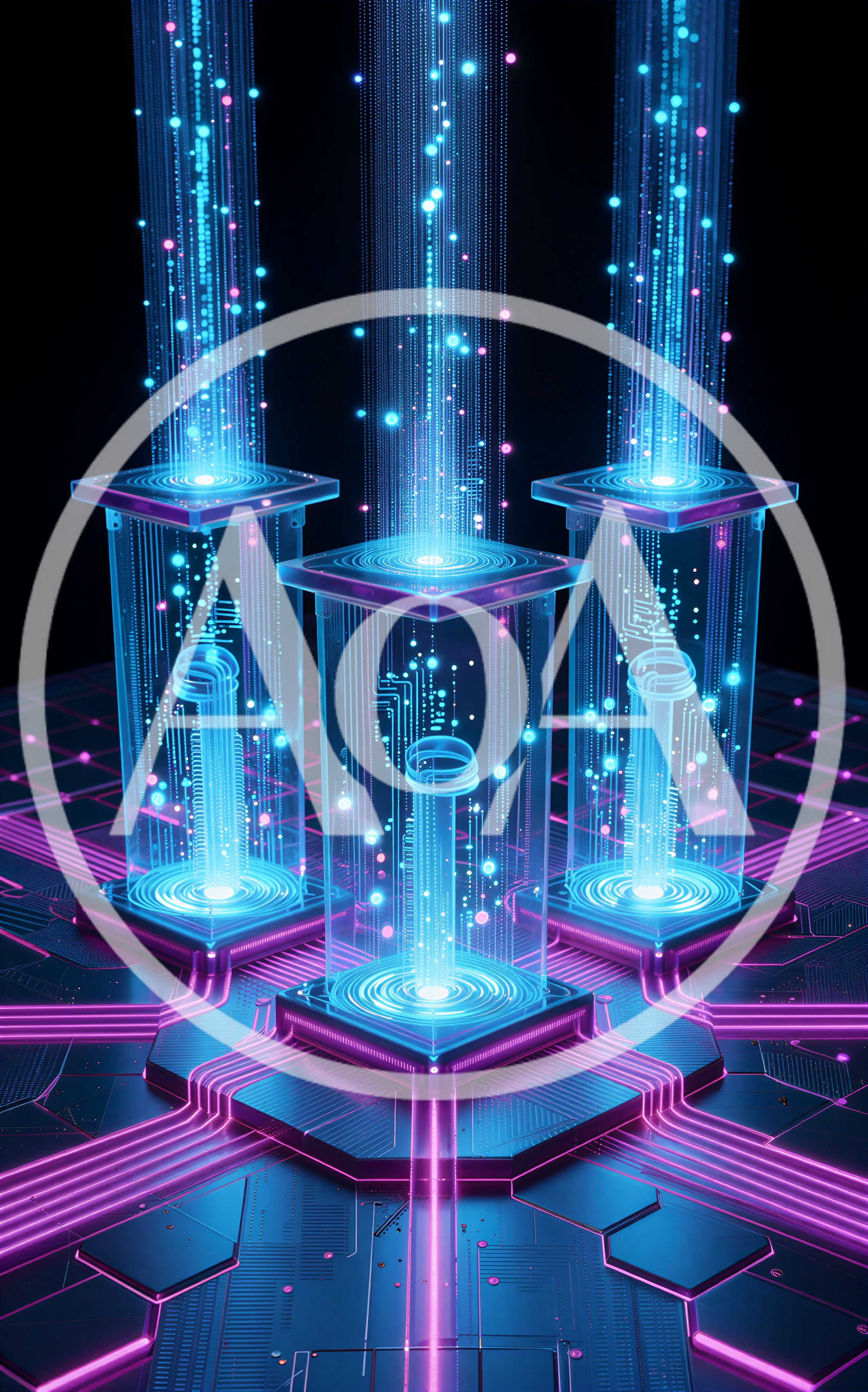 Futuristic Data Processing Towers With Glowing Digital Streams