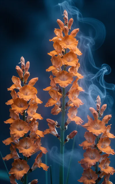 Orange Gladiolus Flowers With Wispy Blue Smoke