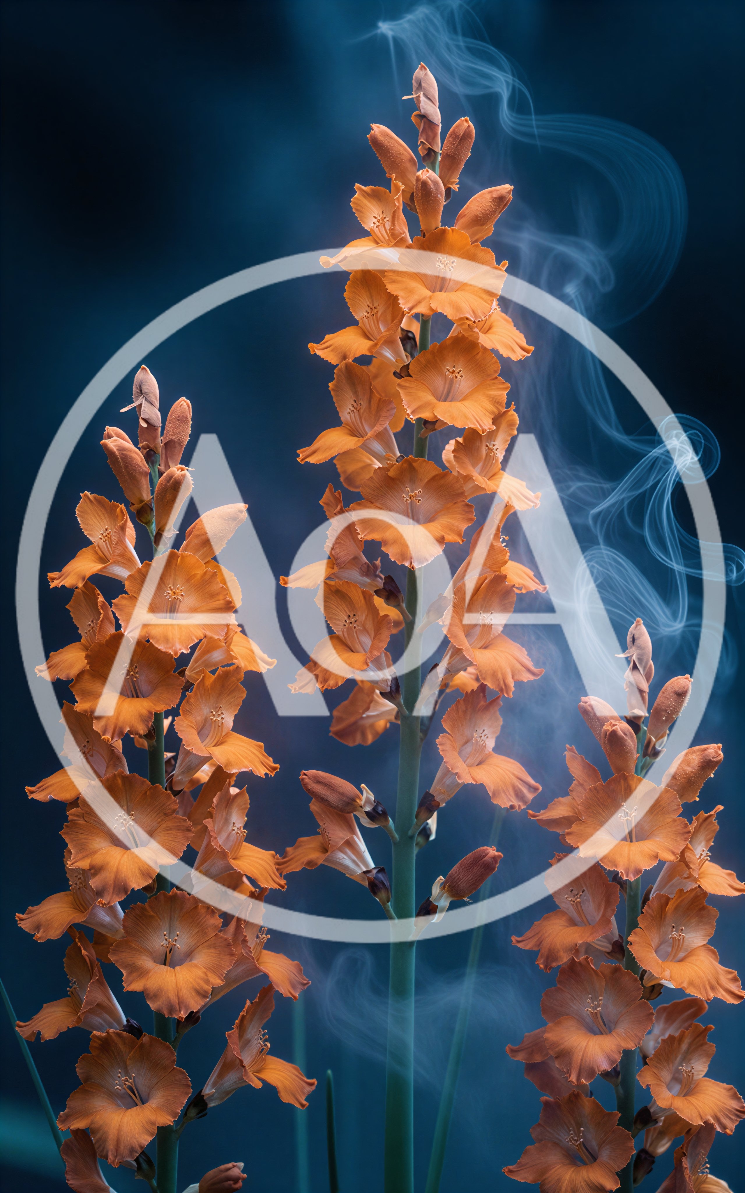 Orange Gladiolus Flowers With Wispy Blue Smoke