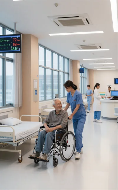 Nurse Assisting Elderly Patient In Hospital Wheelchair