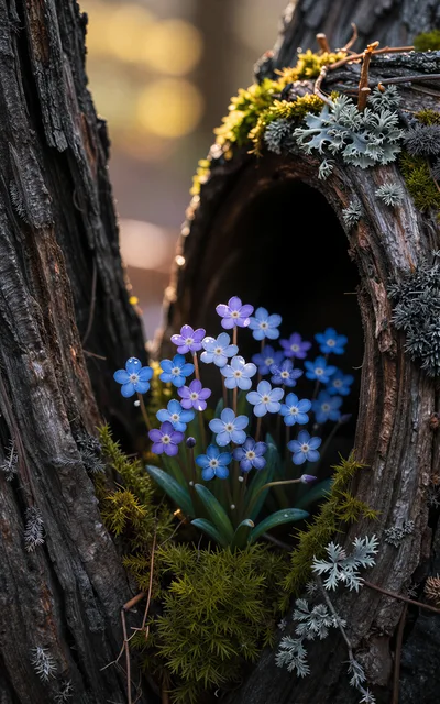 Delicate Blue Forget Me Not Flowers In Tree Hollow