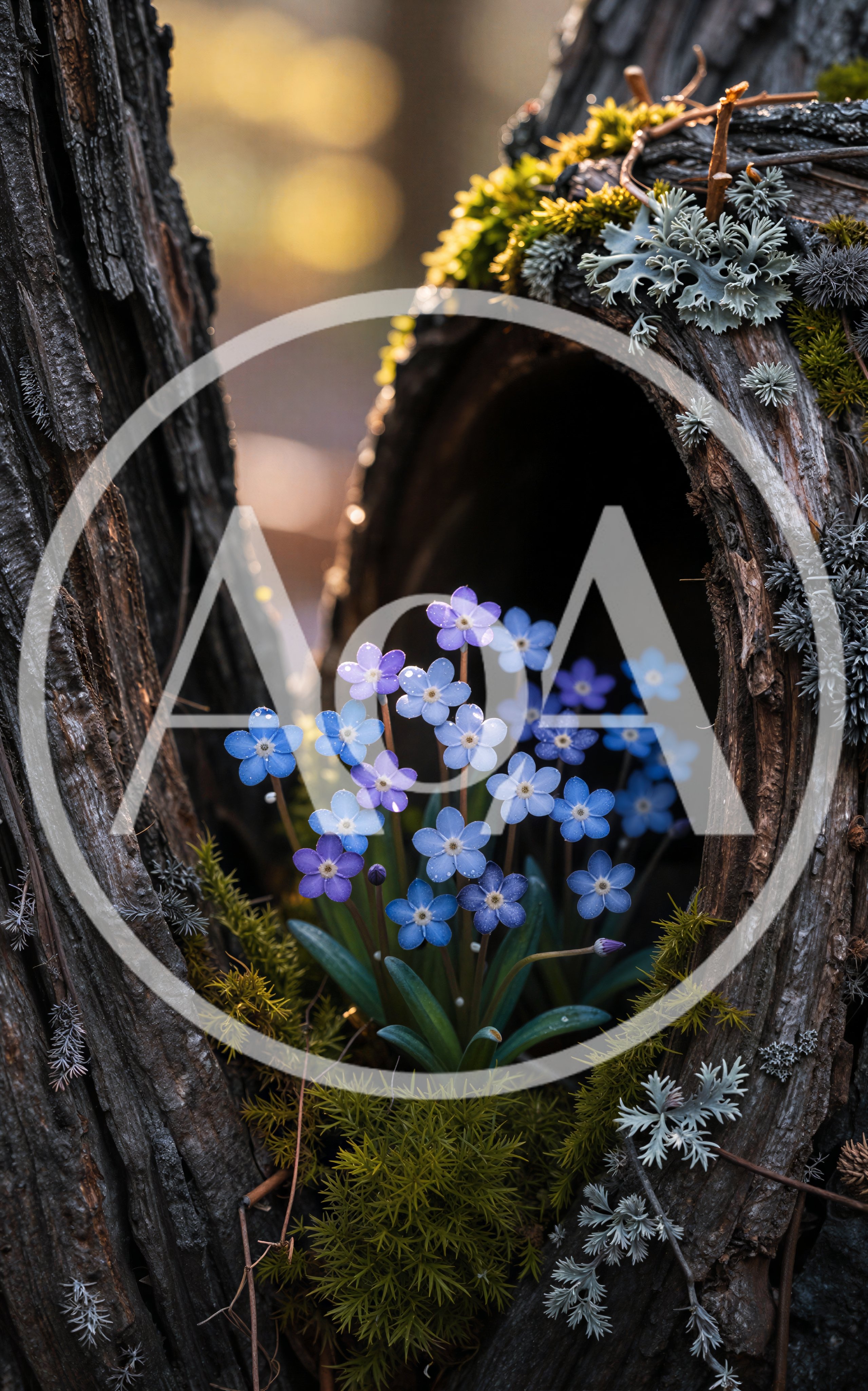 Delicate Blue Forget Me Not Flowers In Tree Hollow