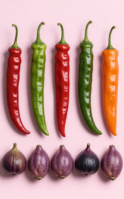 Fresh Chili Peppers And Figs On Pink Background