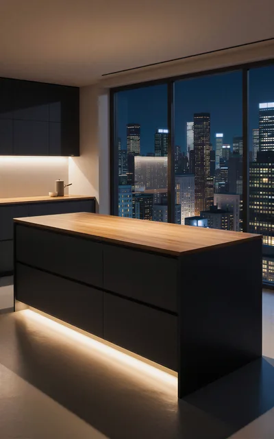 Modern Kitchen Island With City Skyline View