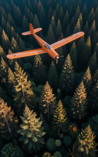 Orange Airplane Flying Over A Dense Coniferous Forest