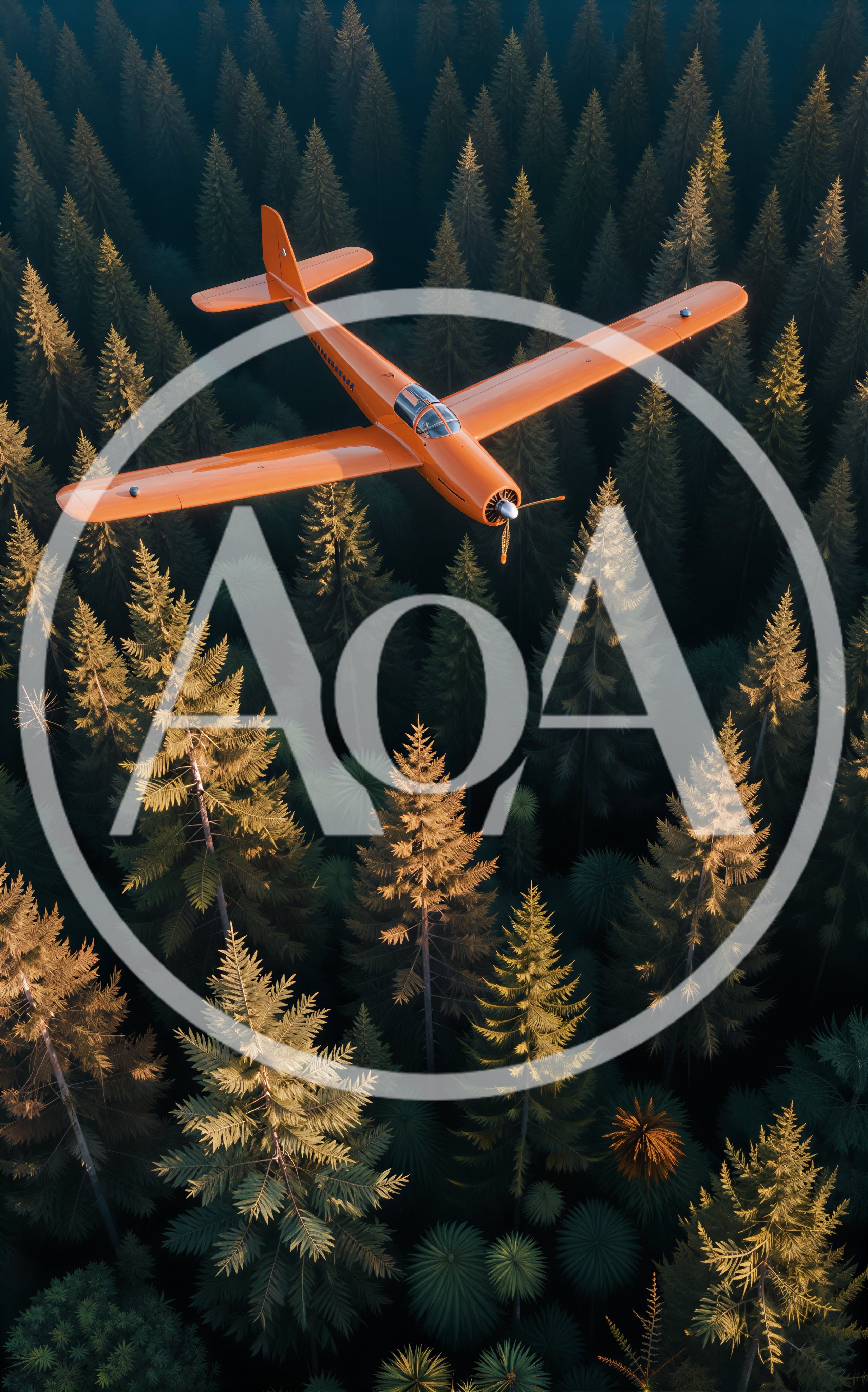 Orange Airplane Flying Over A Dense Coniferous Forest