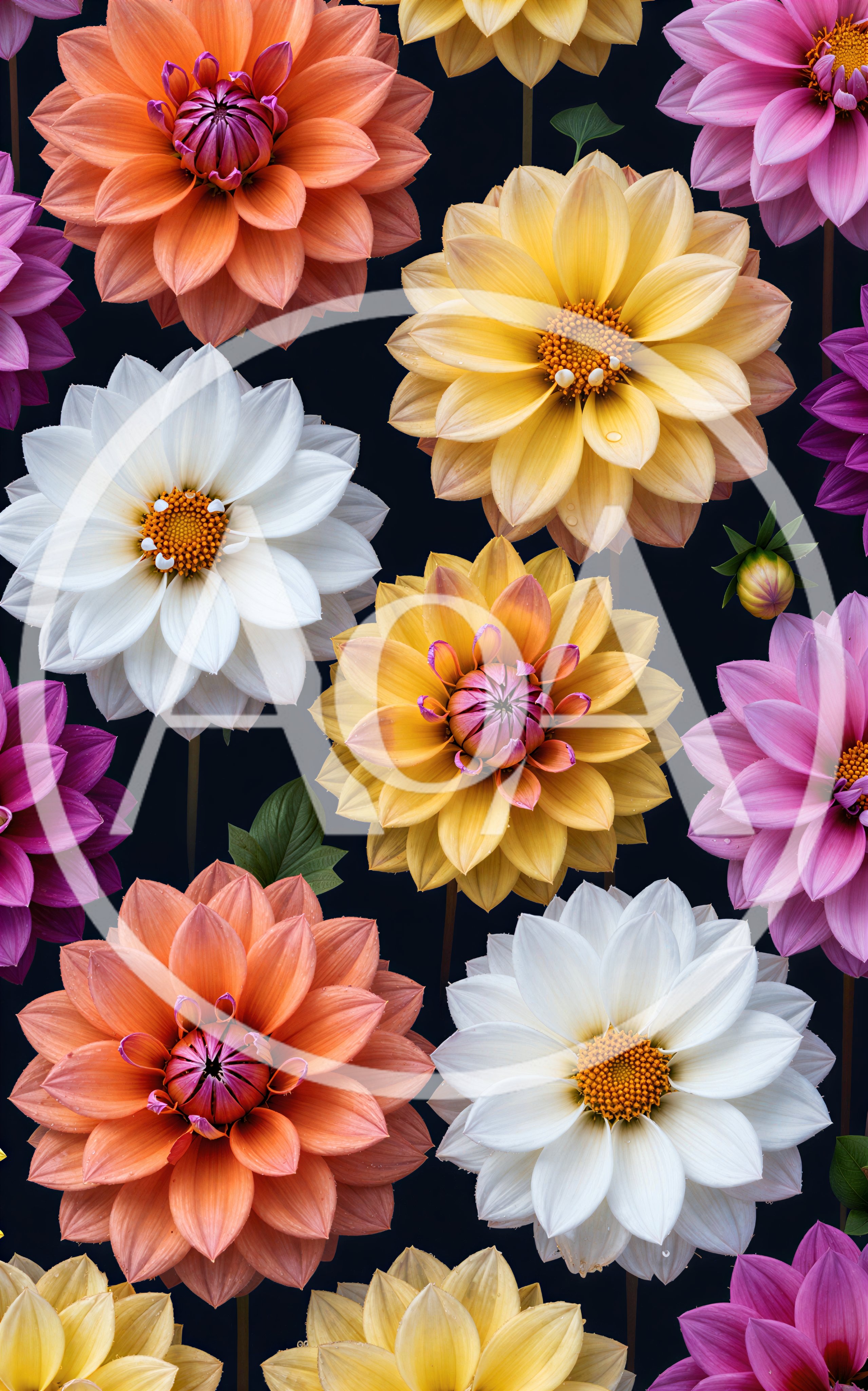 Vibrant Dahlia Flowers Pattern On Dark Background
