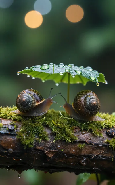 Two Snails Sheltering Under A Leaf In The Rain