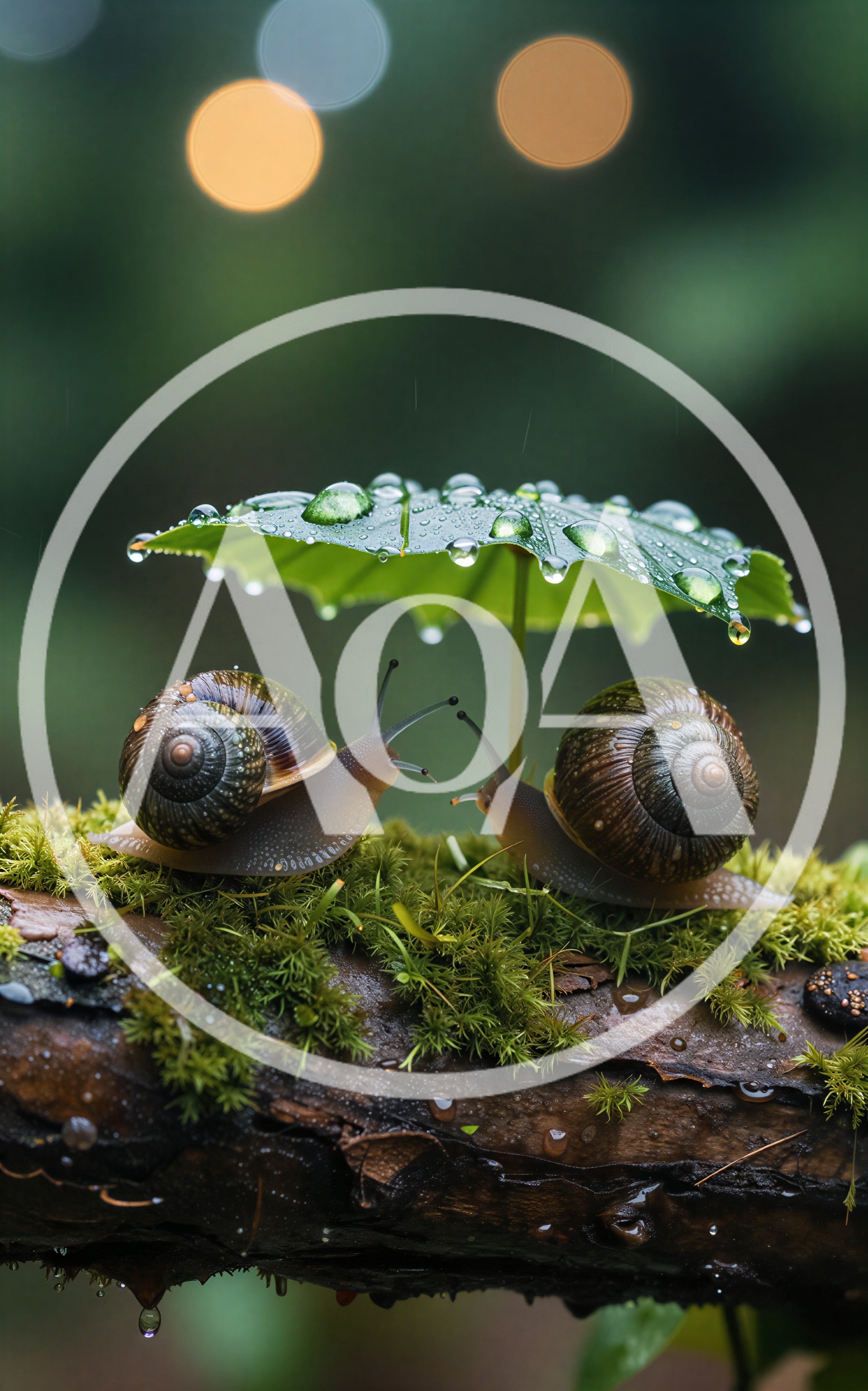 Two Snails Sheltering Under A Leaf In The Rain