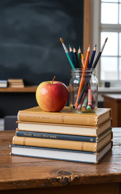Stack Of Books With Apple And Art Supplies