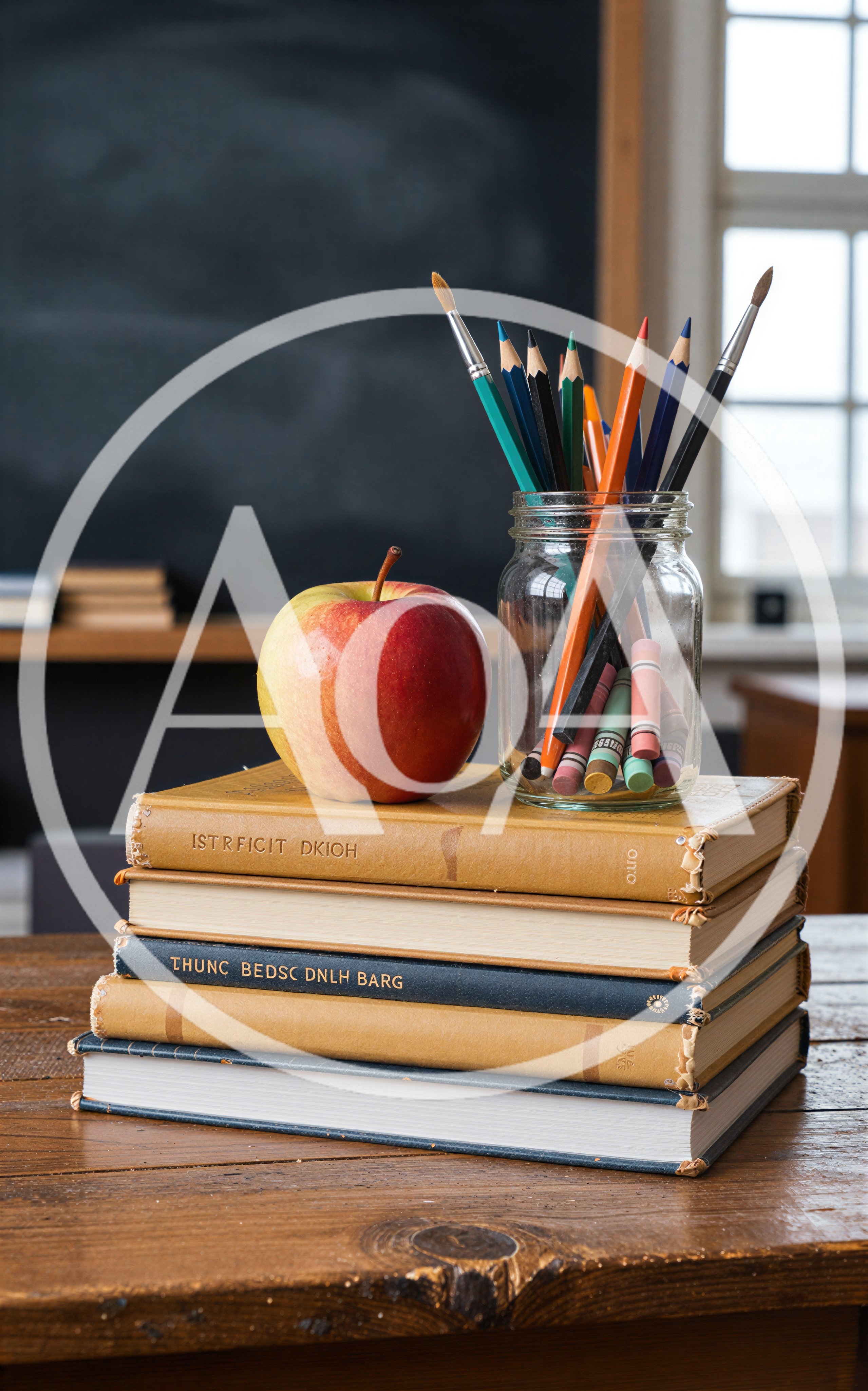 Stack Of Books With Apple And Art Supplies