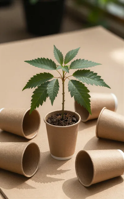 Small Cannabis Plant Growing in a Paper Cup