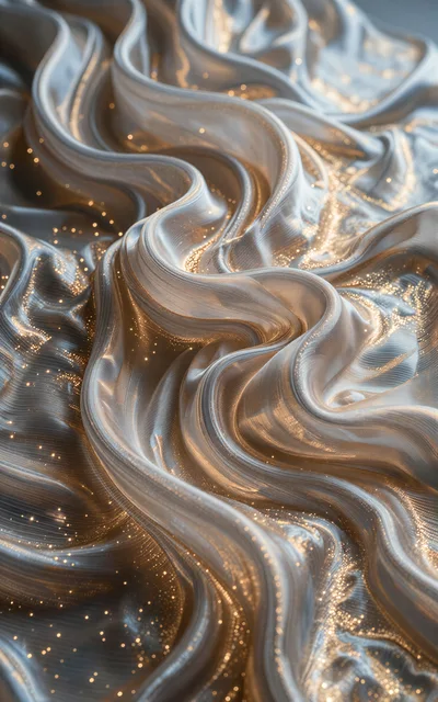 Abstract Flowing Silver Fabric With Golden Glitter Particles