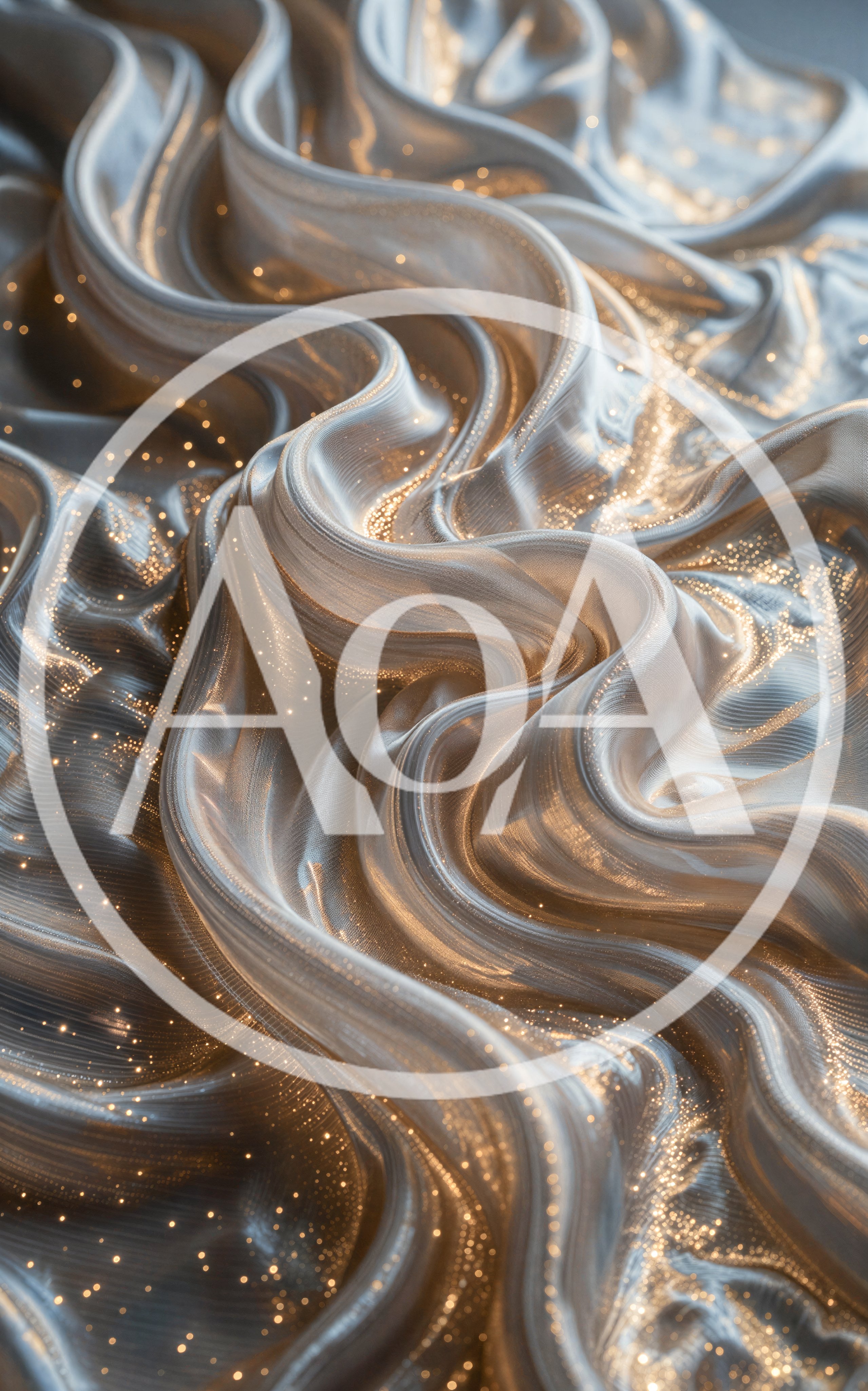 Abstract Flowing Silver Fabric With Golden Glitter Particles