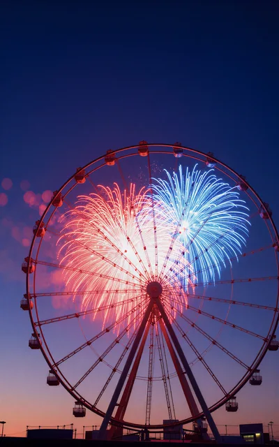 Ferris Wheel Illuminated by Red and Blue Fireworks