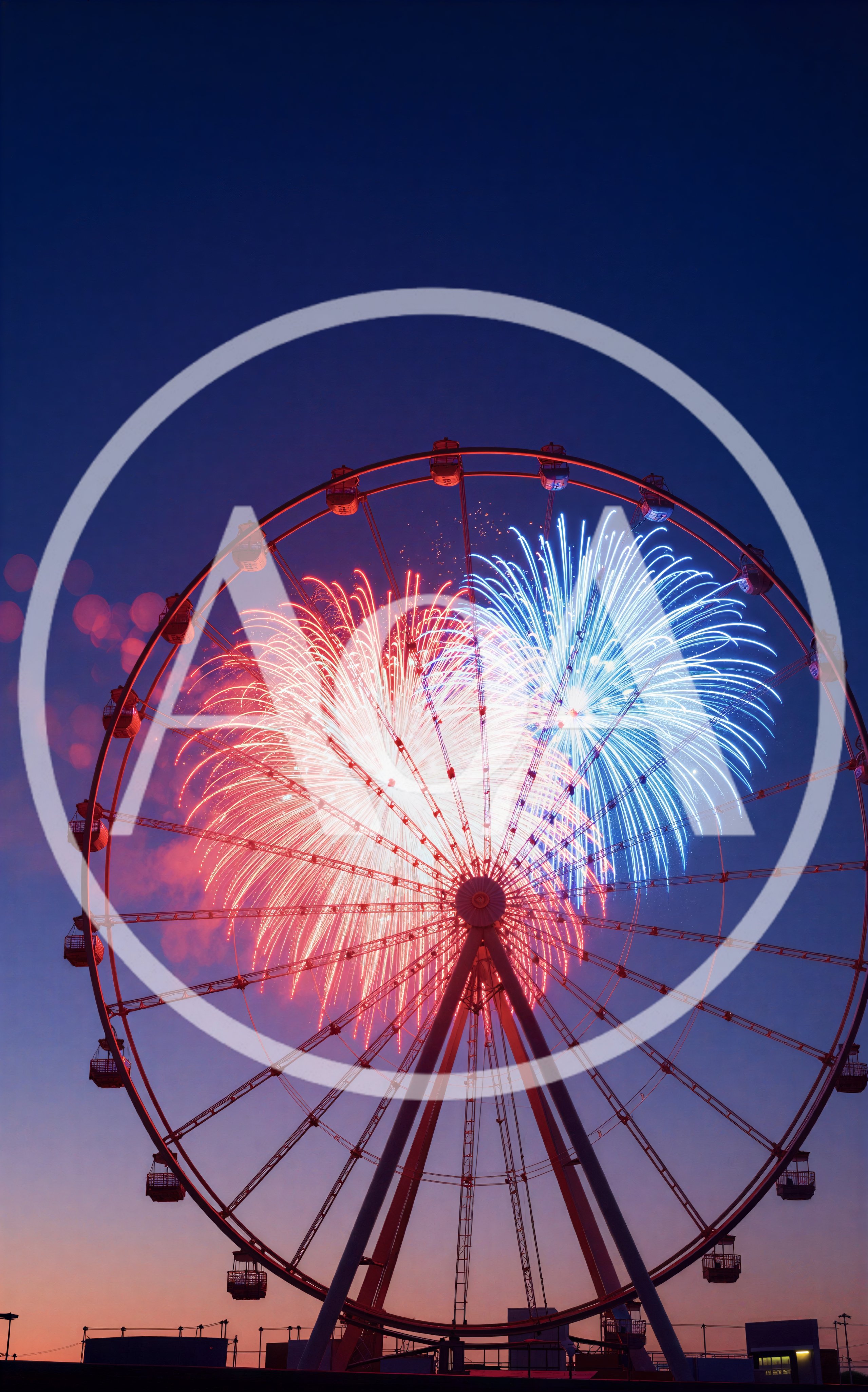 Ferris Wheel Illuminated by Red and Blue Fireworks
