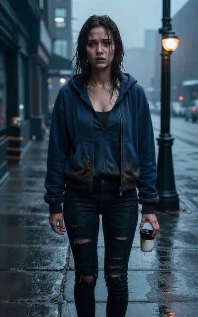 Sad Young Woman Standing In The Rain