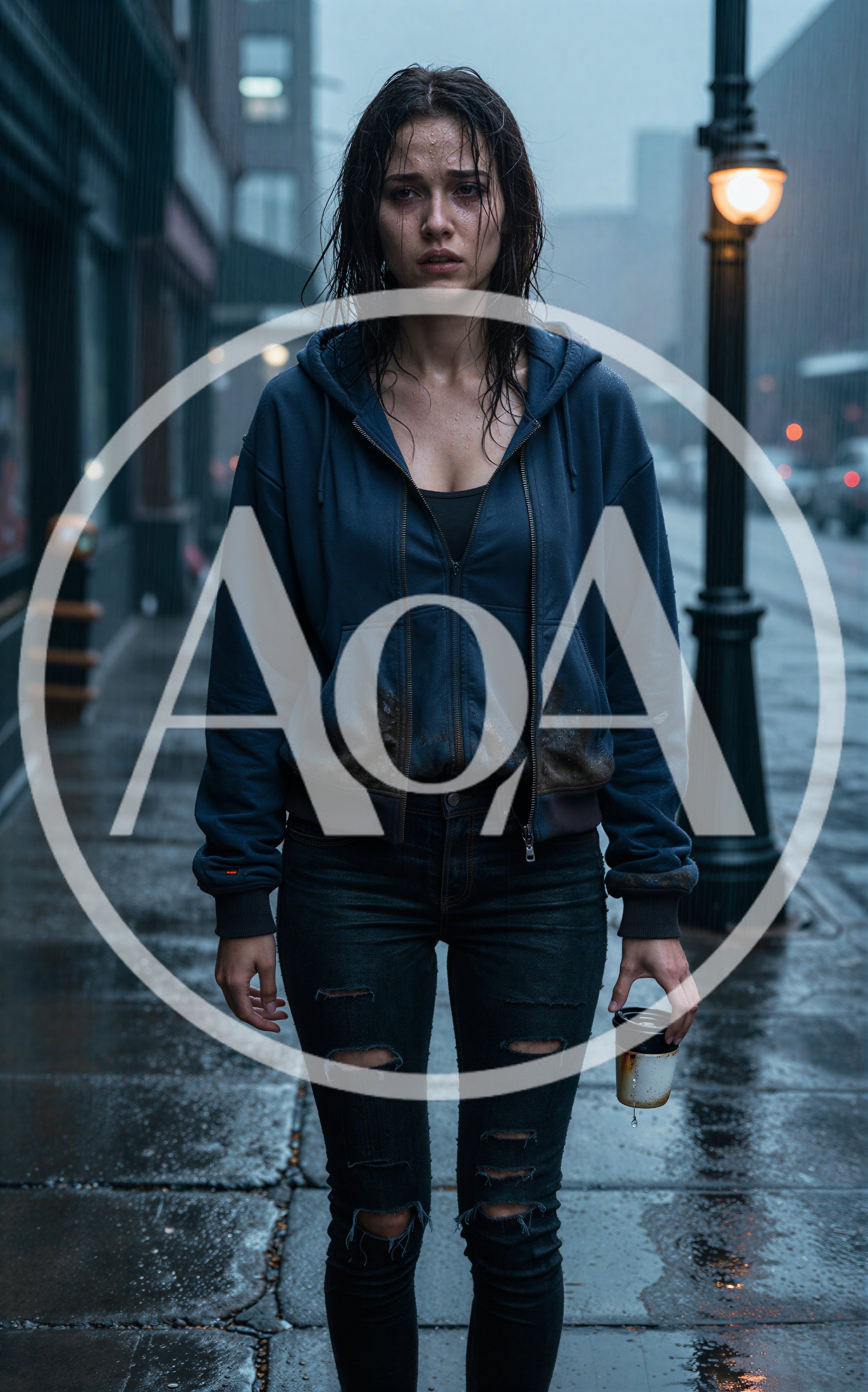 Sad Young Woman Standing In The Rain