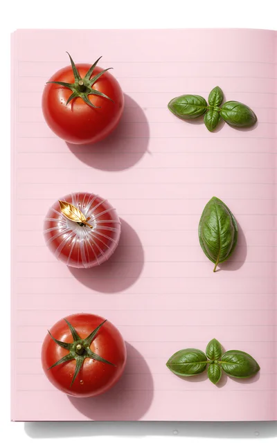 Fresh Tomatoes And Basil Leaves On Pink Lined Paper