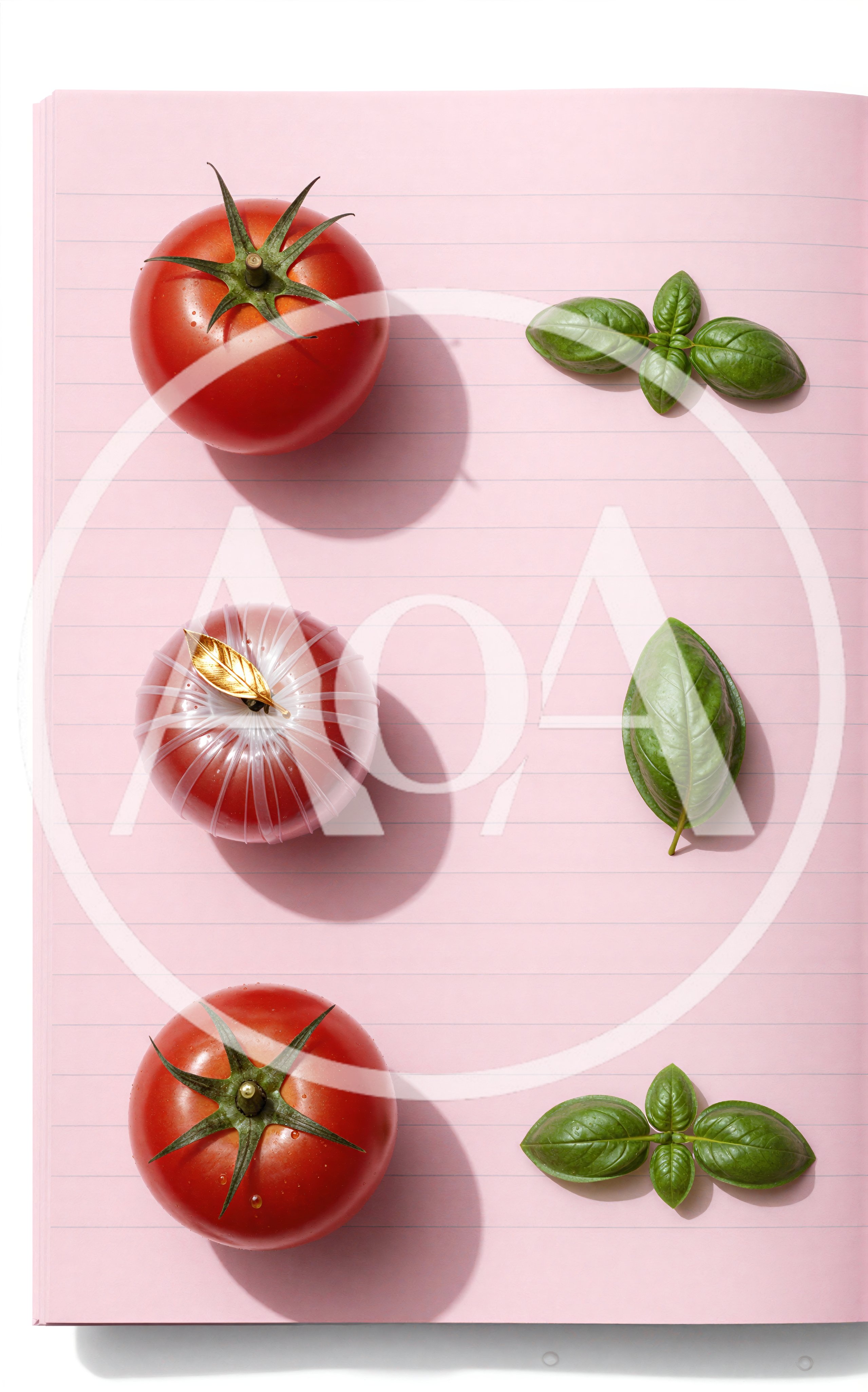 Fresh Tomatoes And Basil Leaves On Pink Lined Paper