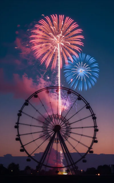 Ferris Wheel Silhouette Against Fireworks Display
