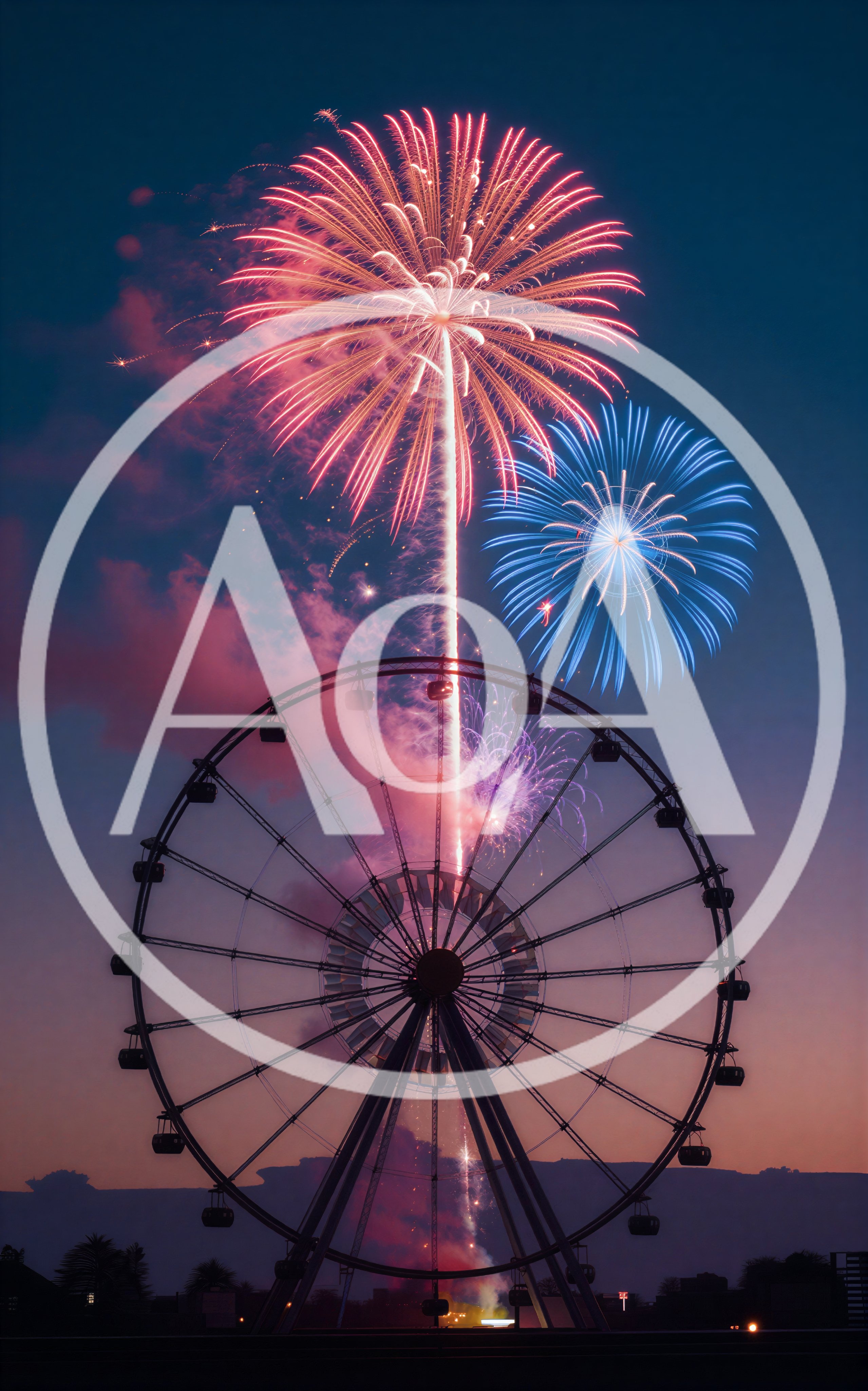 Ferris Wheel Silhouette Against Fireworks Display