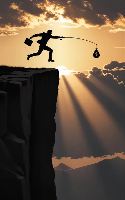 Businessman Silhouette Jumping Off Cliff Chasing Money Bag