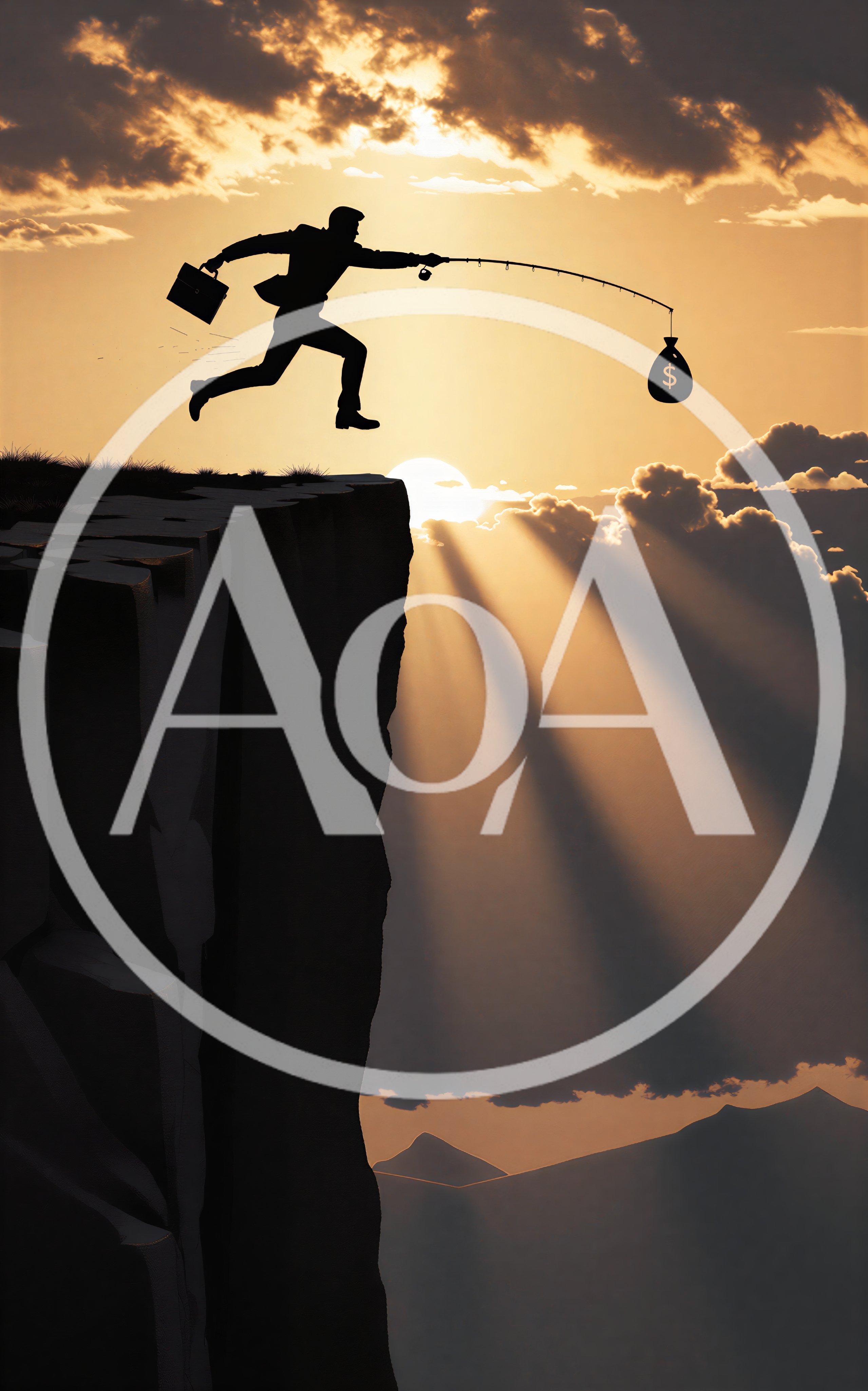 Businessman Silhouette Jumping Off Cliff Chasing Money Bag
