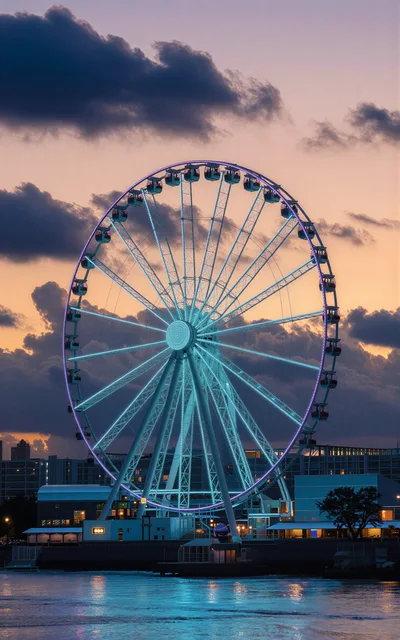 Illuminated Ferris Wheel At Sunset Over Water
