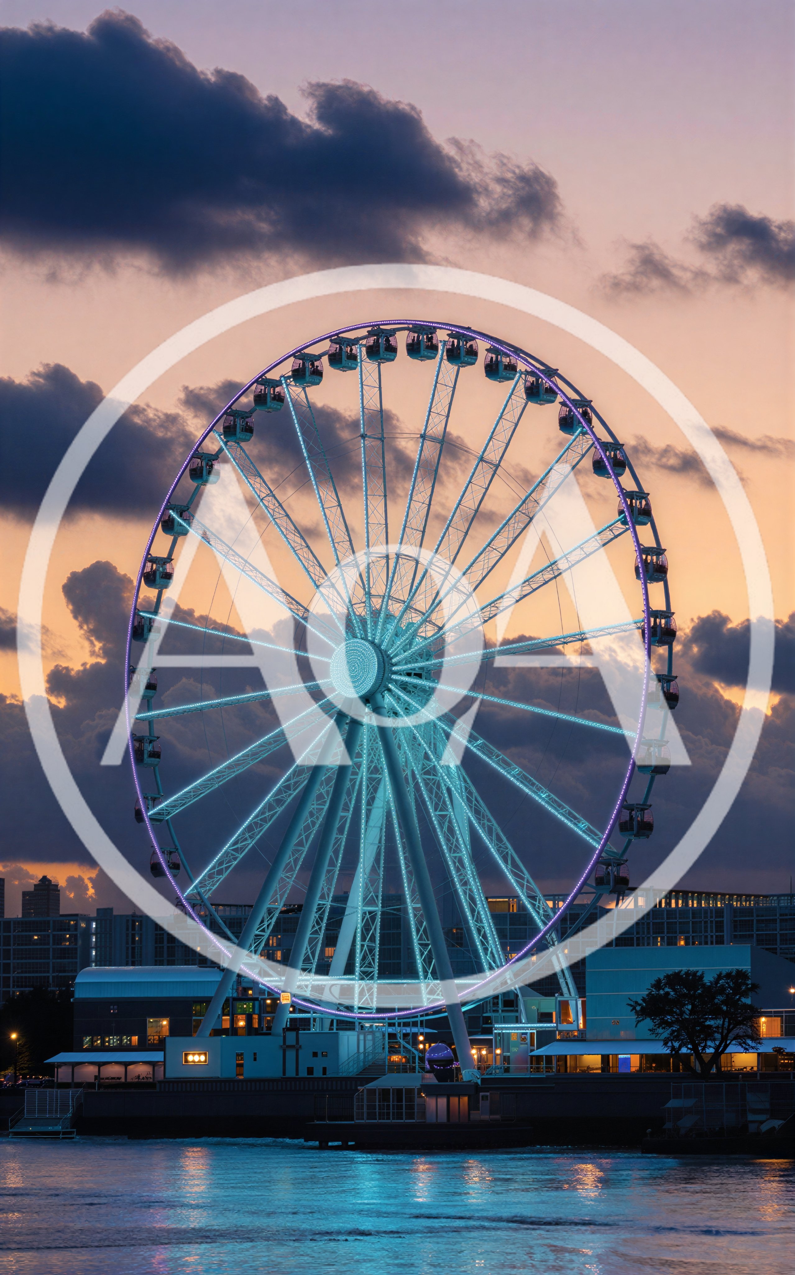 Illuminated Ferris Wheel At Sunset Over Water