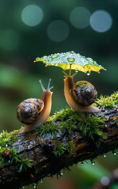 Two Snails On A Mossy Branch With A Leaf Umbrella