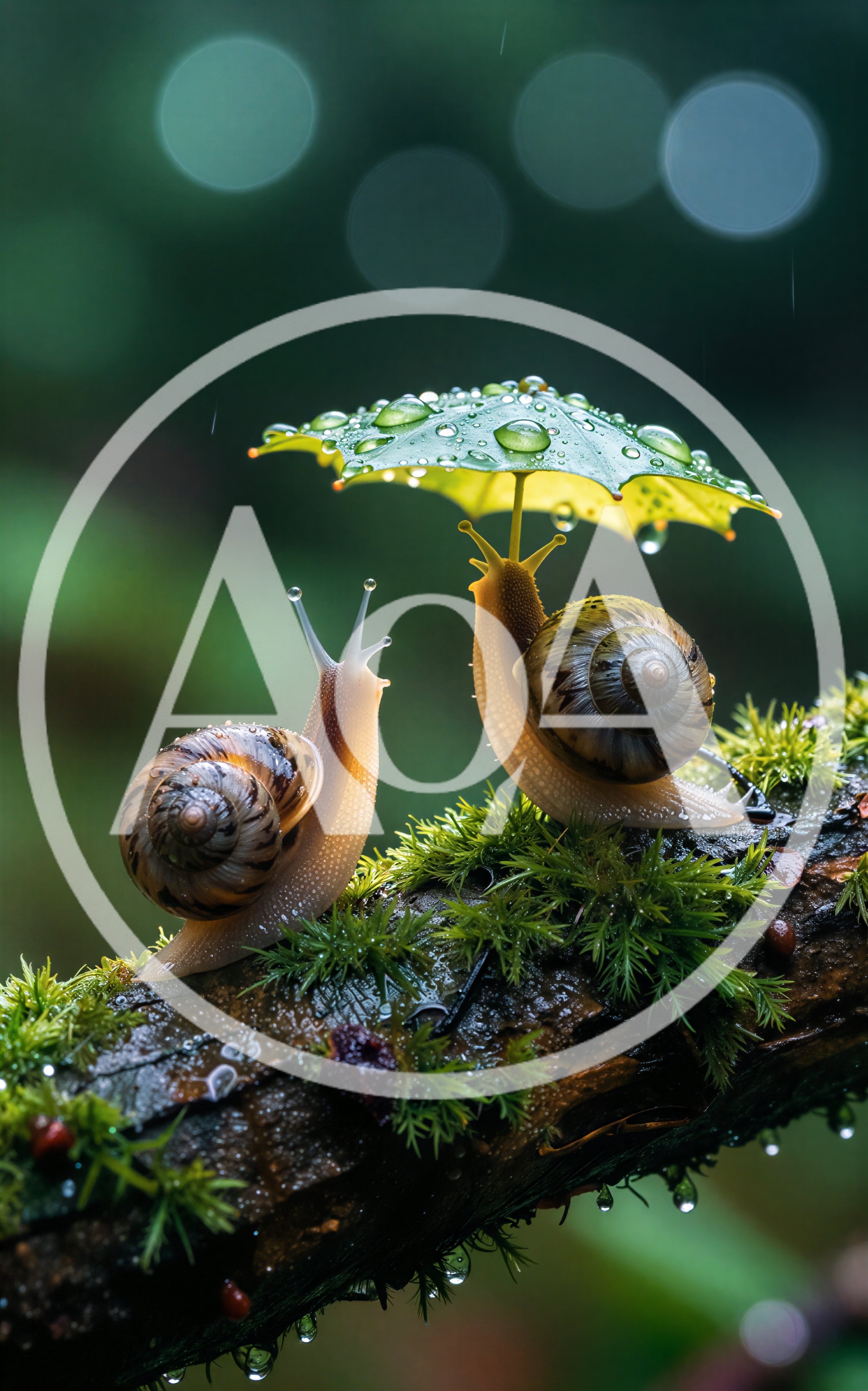 Two Snails On A Mossy Branch With A Leaf Umbrella