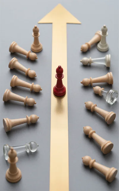 Red Bishop Chess Piece Leading On Gold Arrow