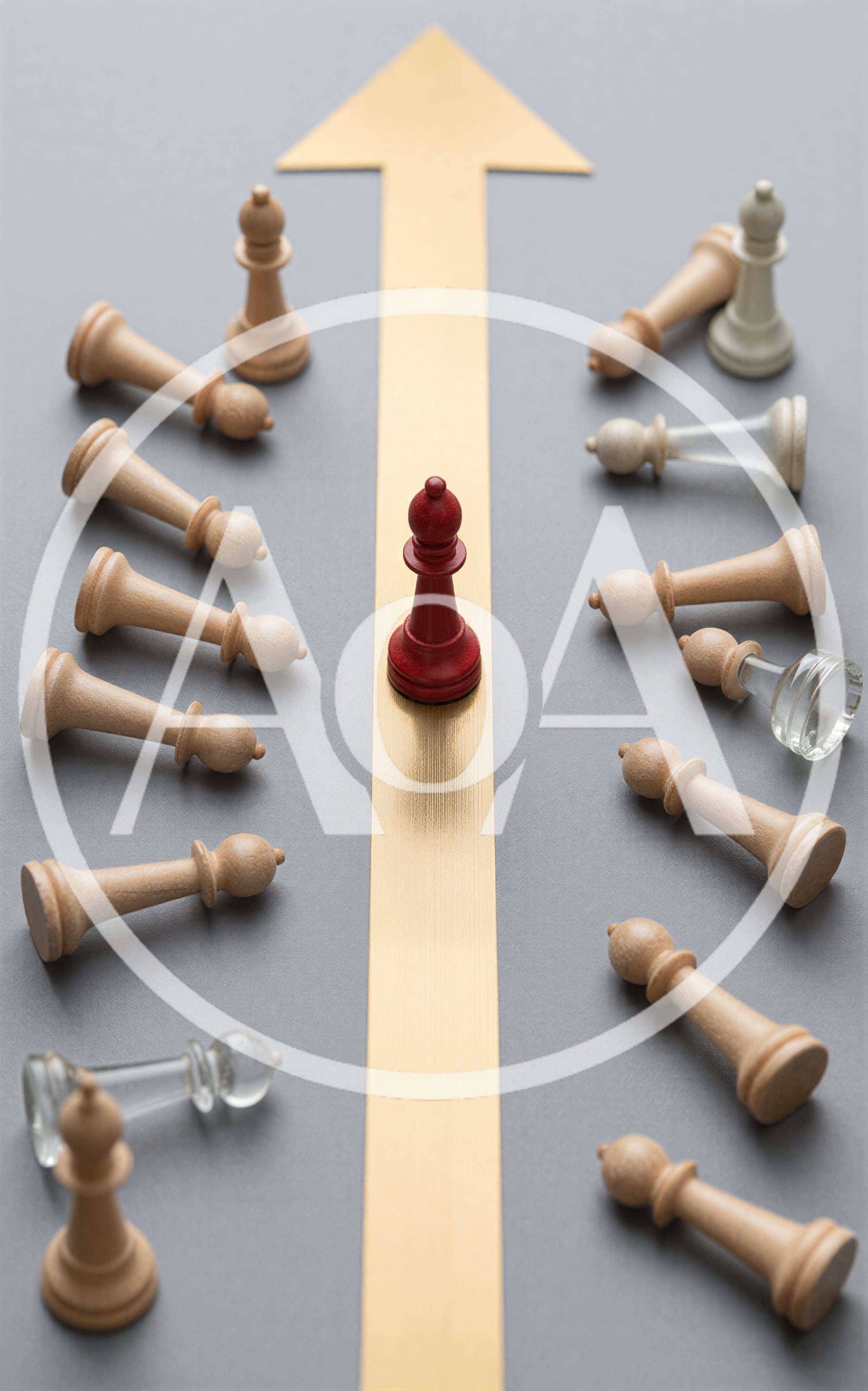 Red Bishop Chess Piece Leading On Gold Arrow