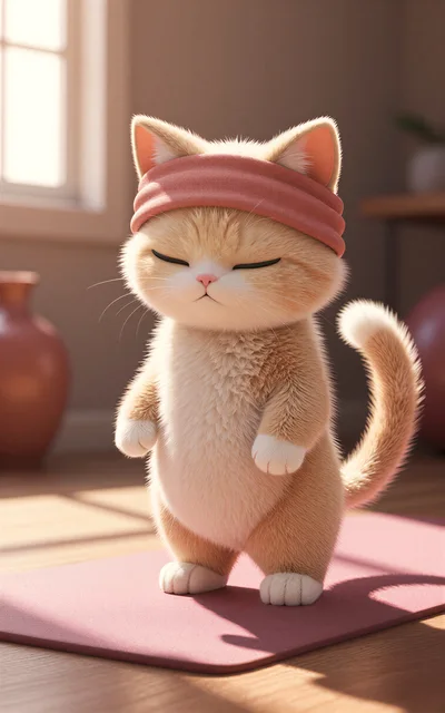 Cute Fluffy Cat Practicing Yoga On A Mat