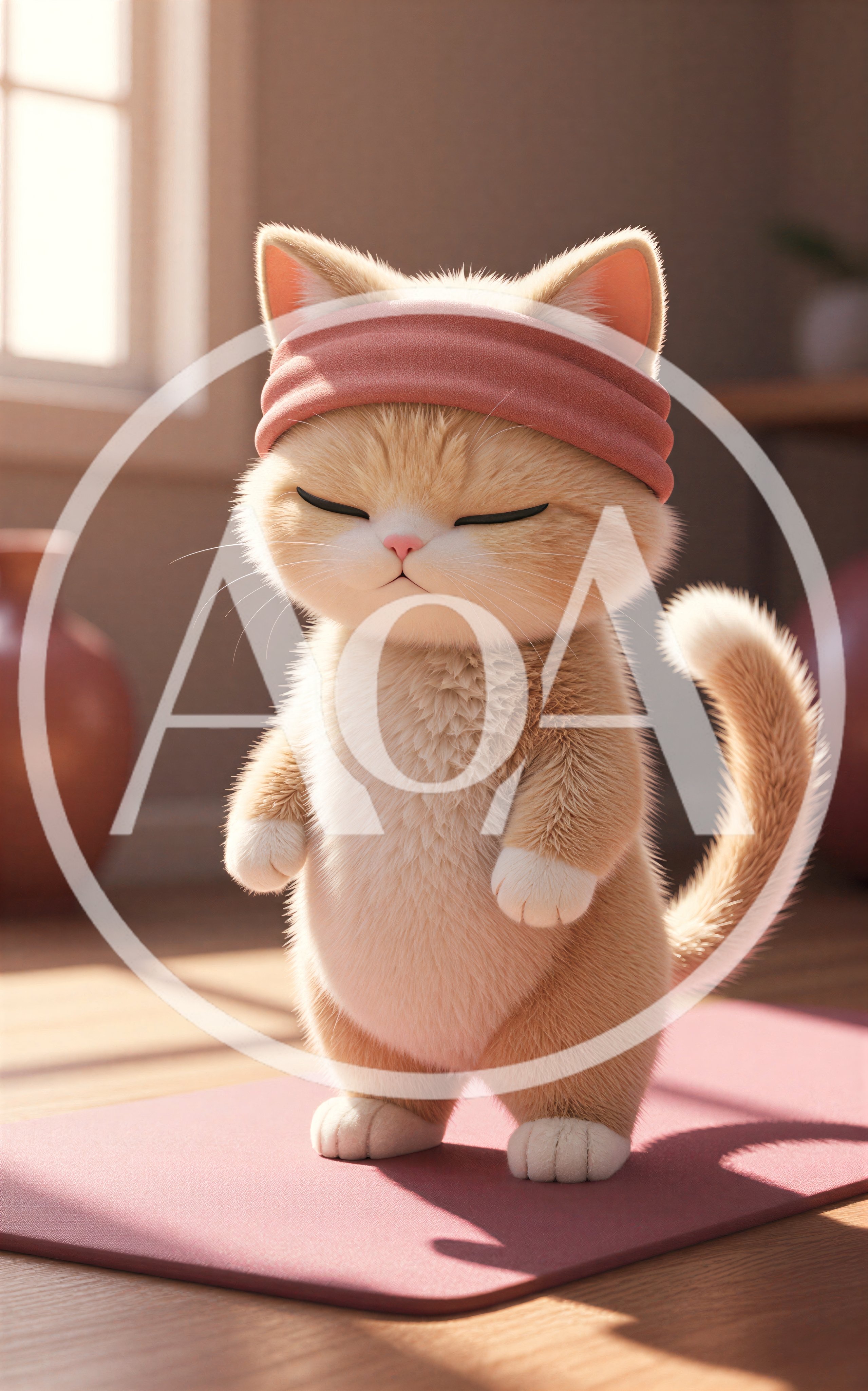 Cute Fluffy Cat Practicing Yoga On A Mat