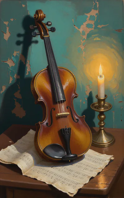 Violin and Candle on Sheet Music