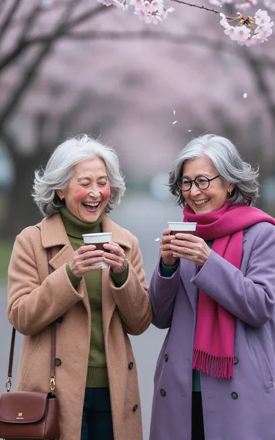 Two Senior Women Laughing While Drinking Coffee Outdoors