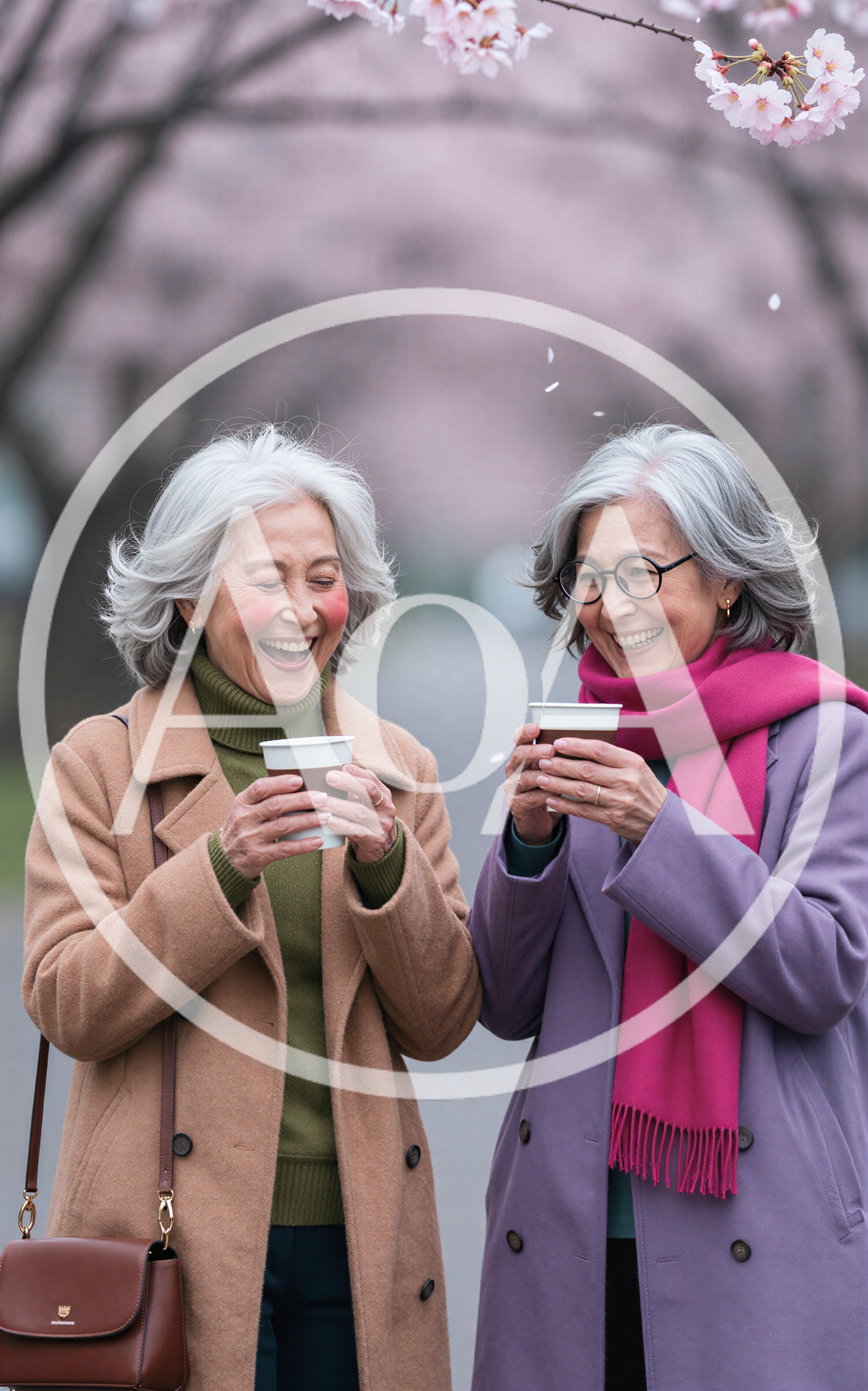 Two Senior Women Laughing While Drinking Coffee Outdoors