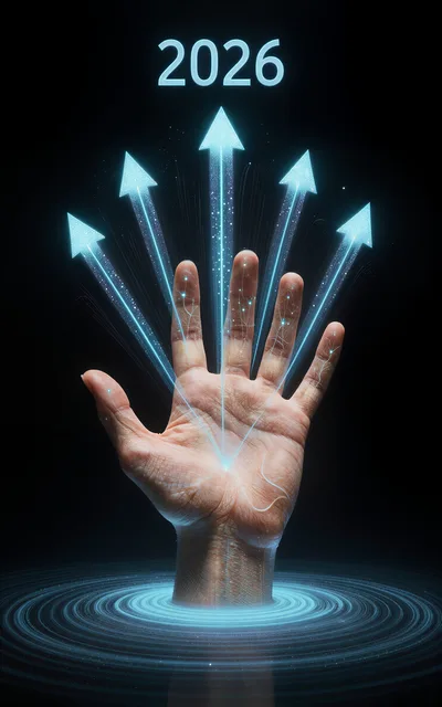 Human Hand Projecting Digital Arrows Towards 2026