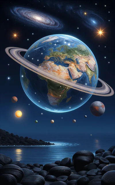 Surreal Planet With Rings Above A Dark Rocky Shore