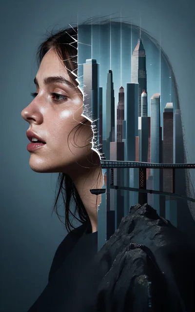 Surreal Double Exposure Portrait Of A Woman And Cityscape