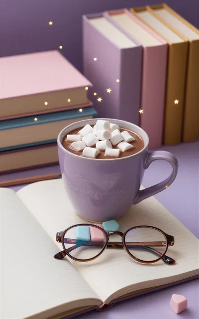 Cozy Hot Chocolate Mug With Marshmallows And Books