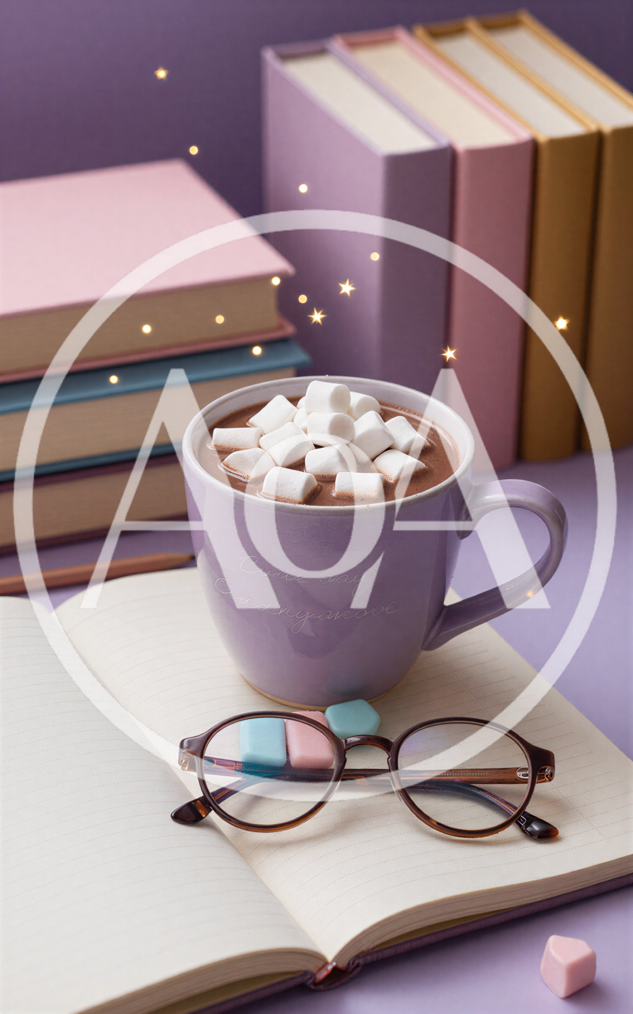 Cozy Hot Chocolate Mug With Marshmallows And Books