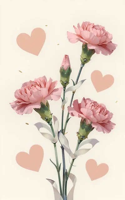 Pink Carnation Flowers With Decorative Hearts
