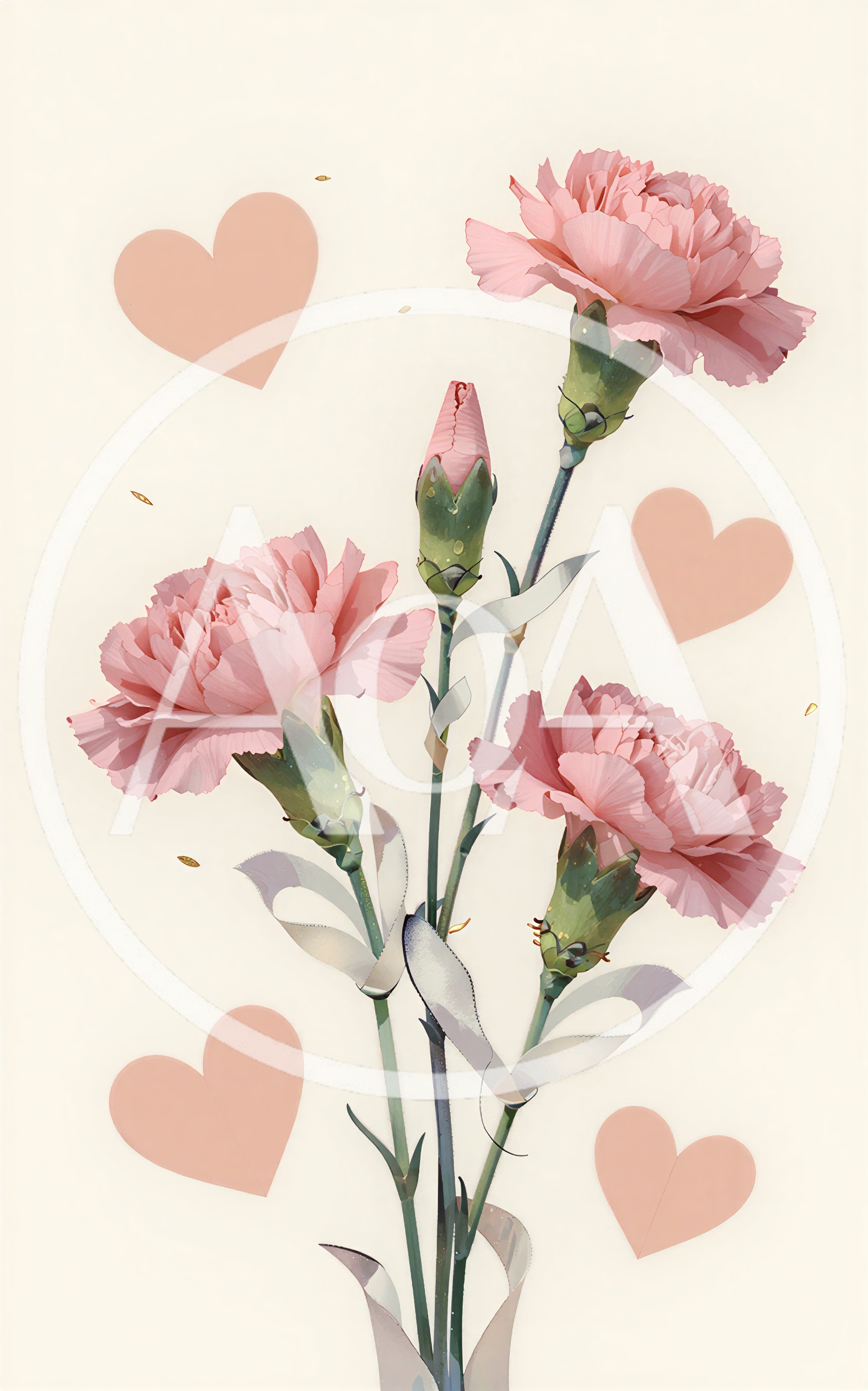 Pink Carnation Flowers With Decorative Hearts