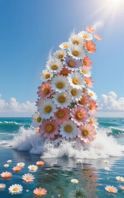 Surreal Bouquet Of Daisies Emerging From Ocean Waves